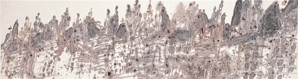 古雅出奇境，纸本彩墨，48x180cm  2009年.jpg