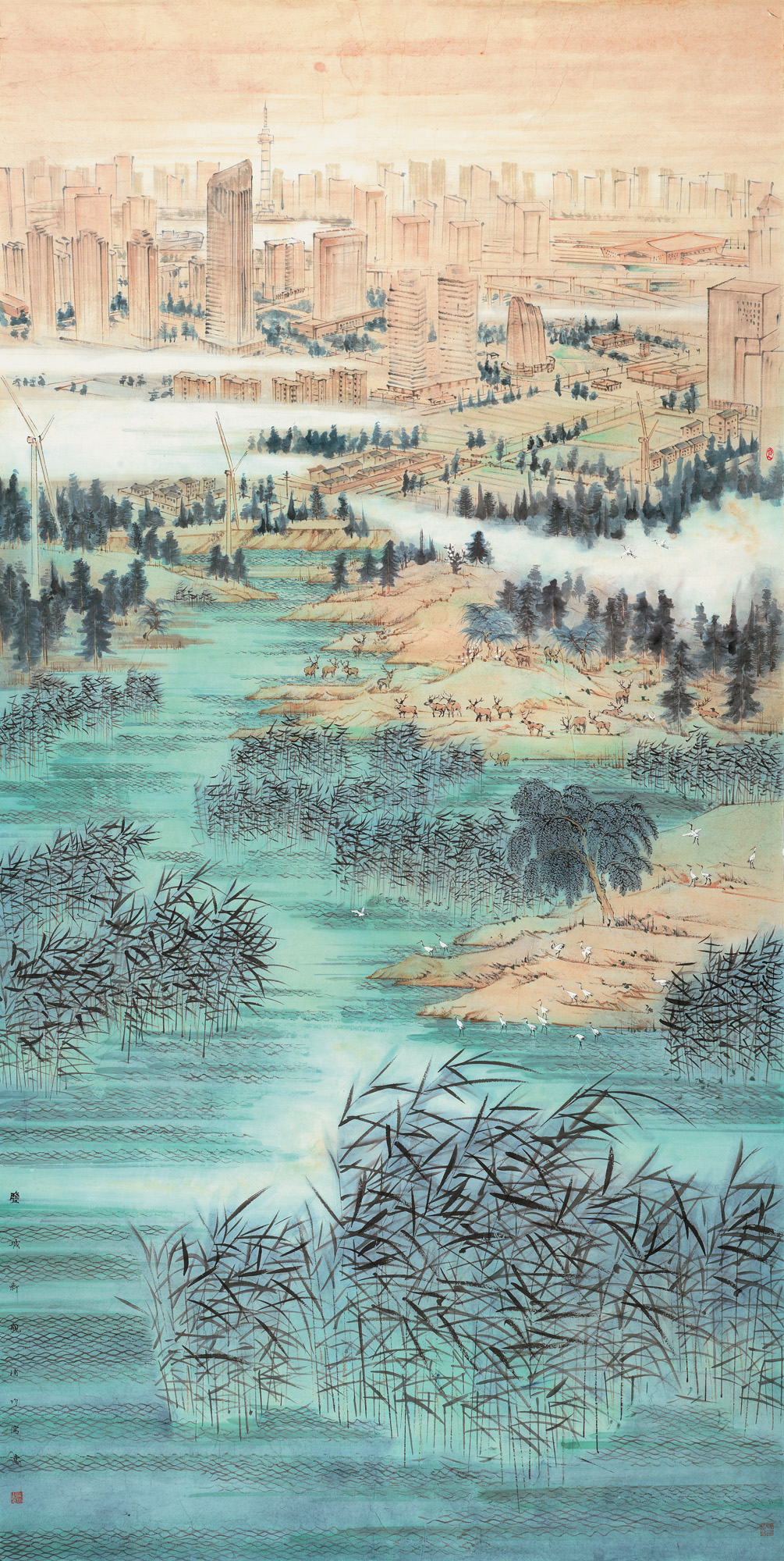 浦均、张迎春  盐城新貌 中国画 246cm×124cm 2021百年江苏 39696.jpg