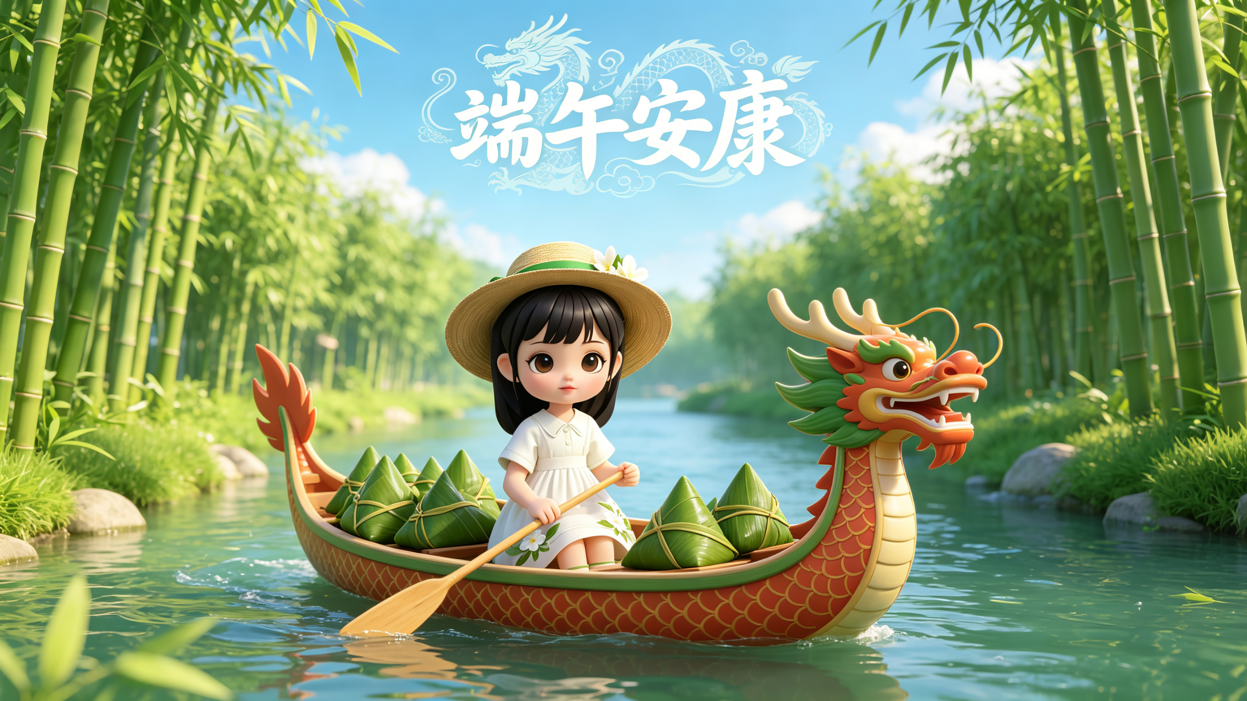 jimeng-2026-06-18-4023-一条河，两岸长满竹子，龙舟上坐着一个女孩图片1在划船，载满了绿油油的粽子，天气晴....png