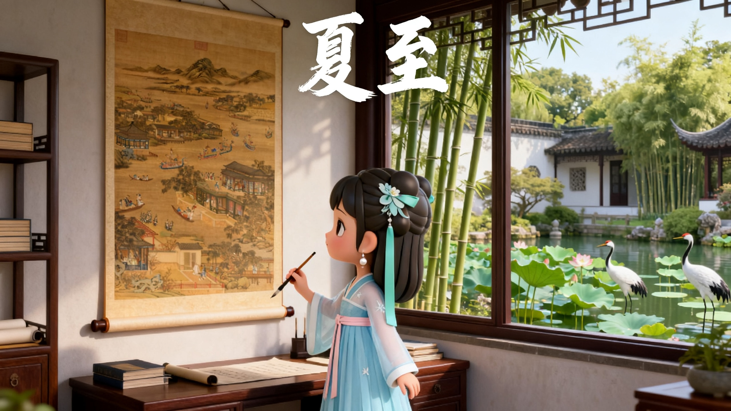 jimeng-2026-06-18-7707-一幅古画图片2卷轴挂在墙上，女孩图片1侧身看着卷轴，手里拿着毛笔，整个图片上方有....png