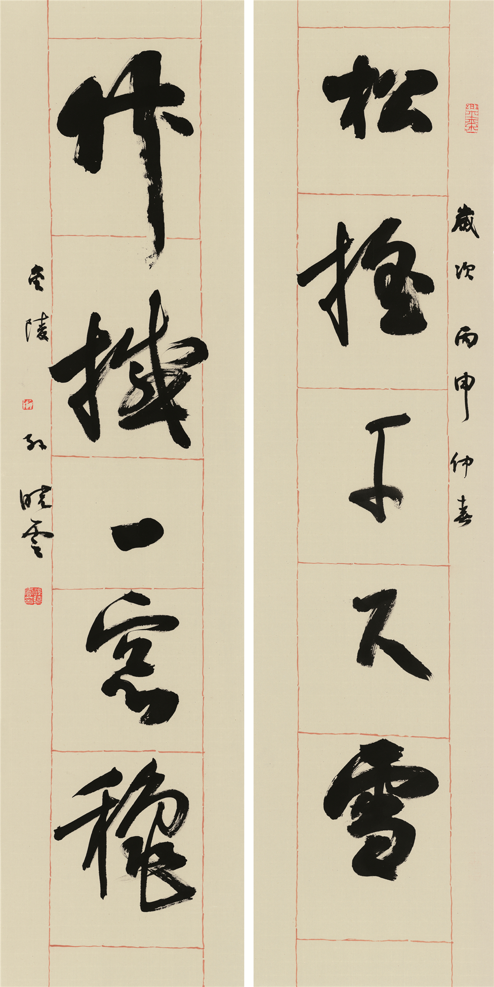 《松摇千尺雪 竹撼一窗秋》    134cmX33cmX2  2016年.jpg