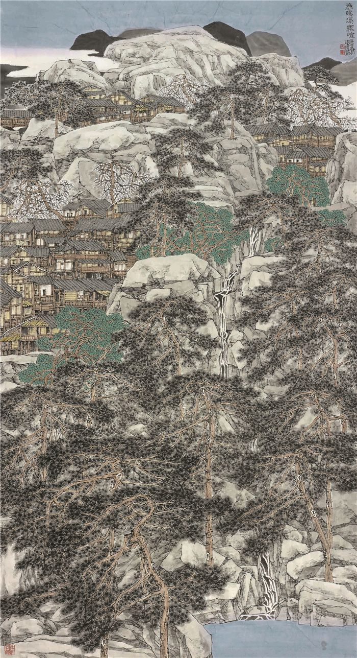 美术  李晓东  春暖溪寨喧  中国画  180cm×96cm  盐城  254276.jpg