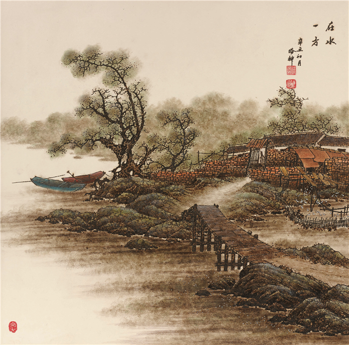 民间工艺  徐迎成  乡愁里的春天系列之《在水一方》  彩色烙铁画 40cm×40cm  淮安 253990.jpg