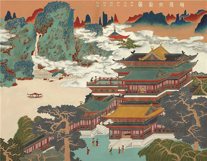 民间艺术  周游（实名周加庆）  琼阁霞蔚图  金碧铜板画  130cm×100cm  泰州 254015-16.jpg